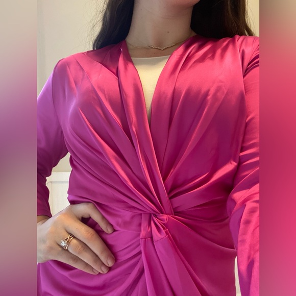 Hot Pink Satin Knot-Front Maxi Dress – Long Sleeve, Draped Silhouette - Picture 3 of 8